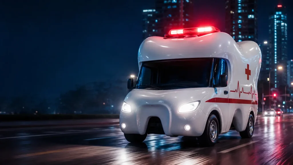 Konya nöbetçi dişçi için gece acil dişçi temasını anlatan diş şeklinde ambulans görseli